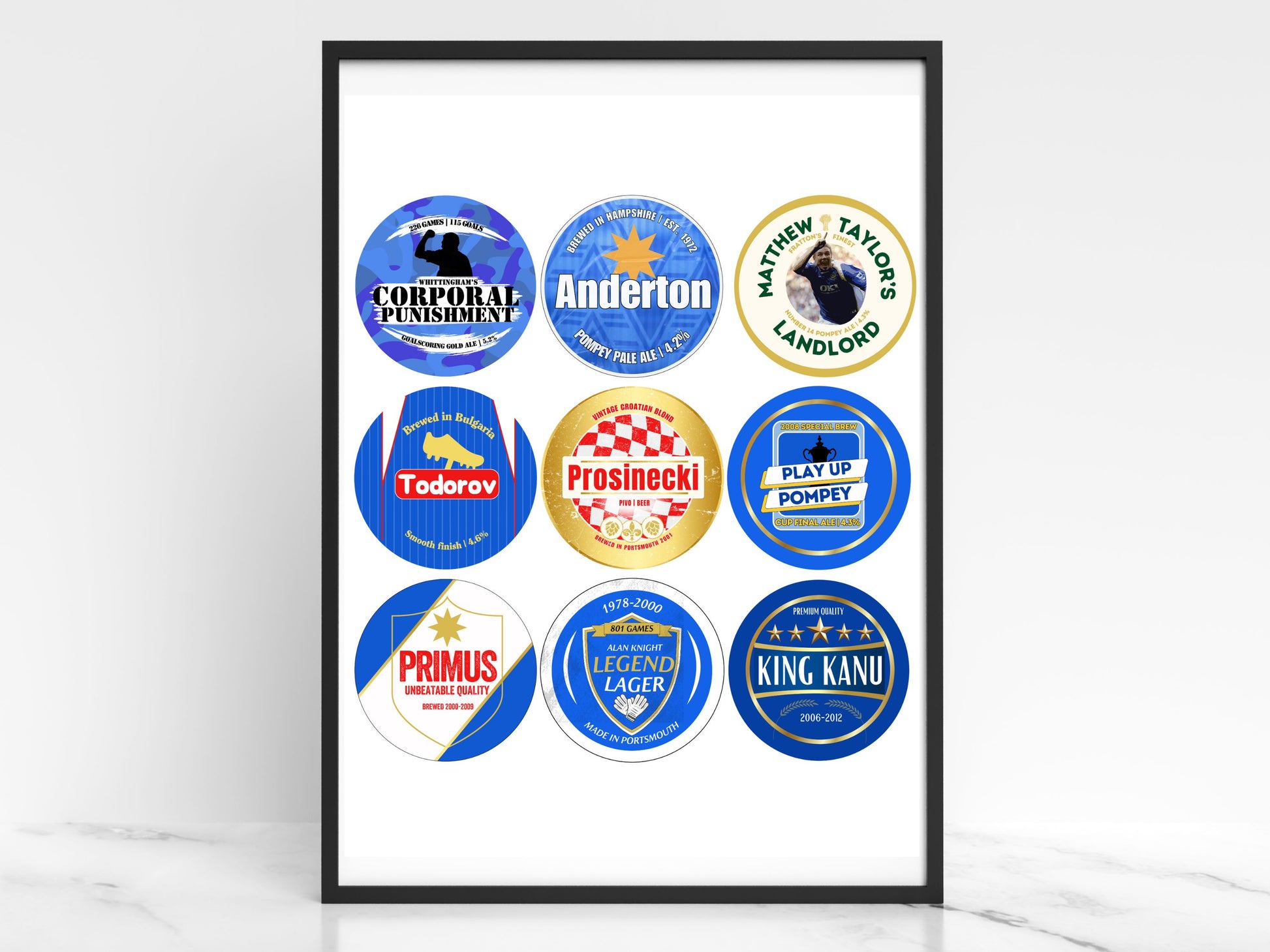 Portsmouth FC gift, a Pompey beer mat art print which is the perfect present or souvenir for fans of Portsmouth football club