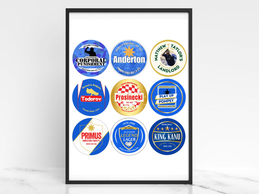 Portsmouth FC gift, a Pompey beer mat art print which is the perfect present or souvenir for fans of Portsmouth football club